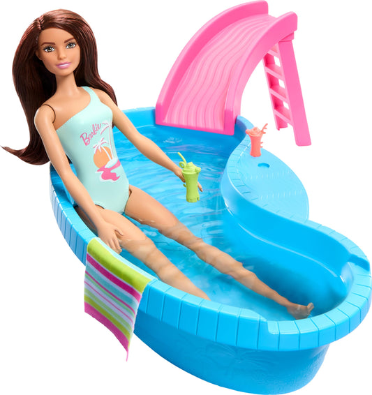 Barbie pool playset slide captures a playful splash descent into the water.
