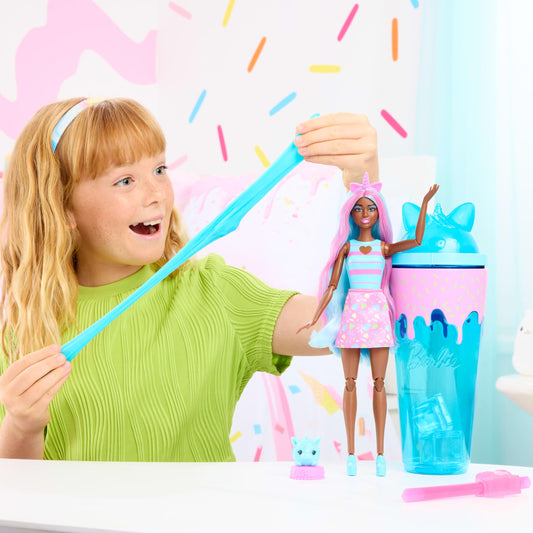 Barbie Pop Reveal Shakes doll with blue and purple hair invites creative styling and posing.