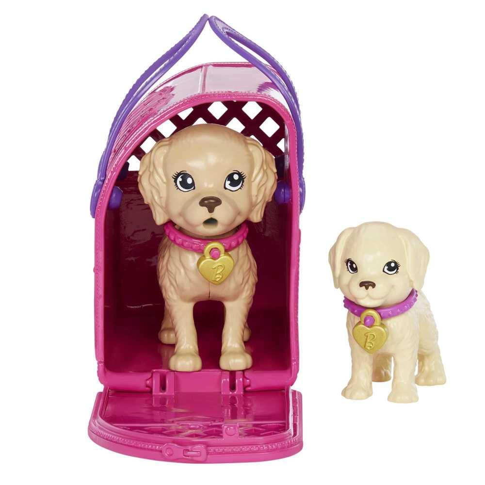 Barbie Pup Adoption includes mealtime and care accessories for realistic play.