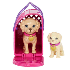 Barbie Pup Adoption includes mealtime and care accessories for realistic play.