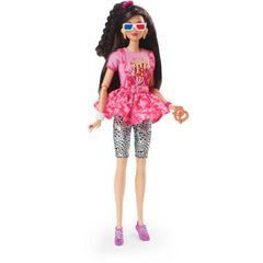 Barbie Rewind doll with black hair in movie-night outfit for nostalgic display and collection.