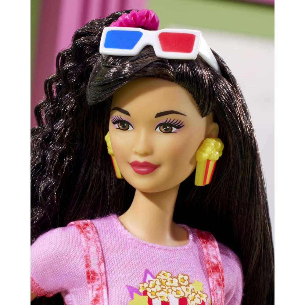 Barbie Rewind doll popcorn earrings add playful 80s flair.
