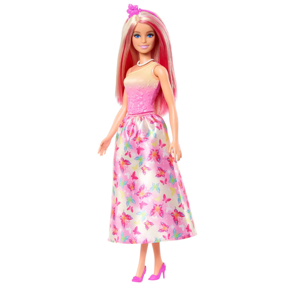Barbie Royal Doll includes colorful accessories like necklace and heels for dress-up fun.