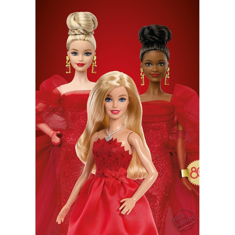 Barbie ruby red dress with bow closeup highlighting festive design