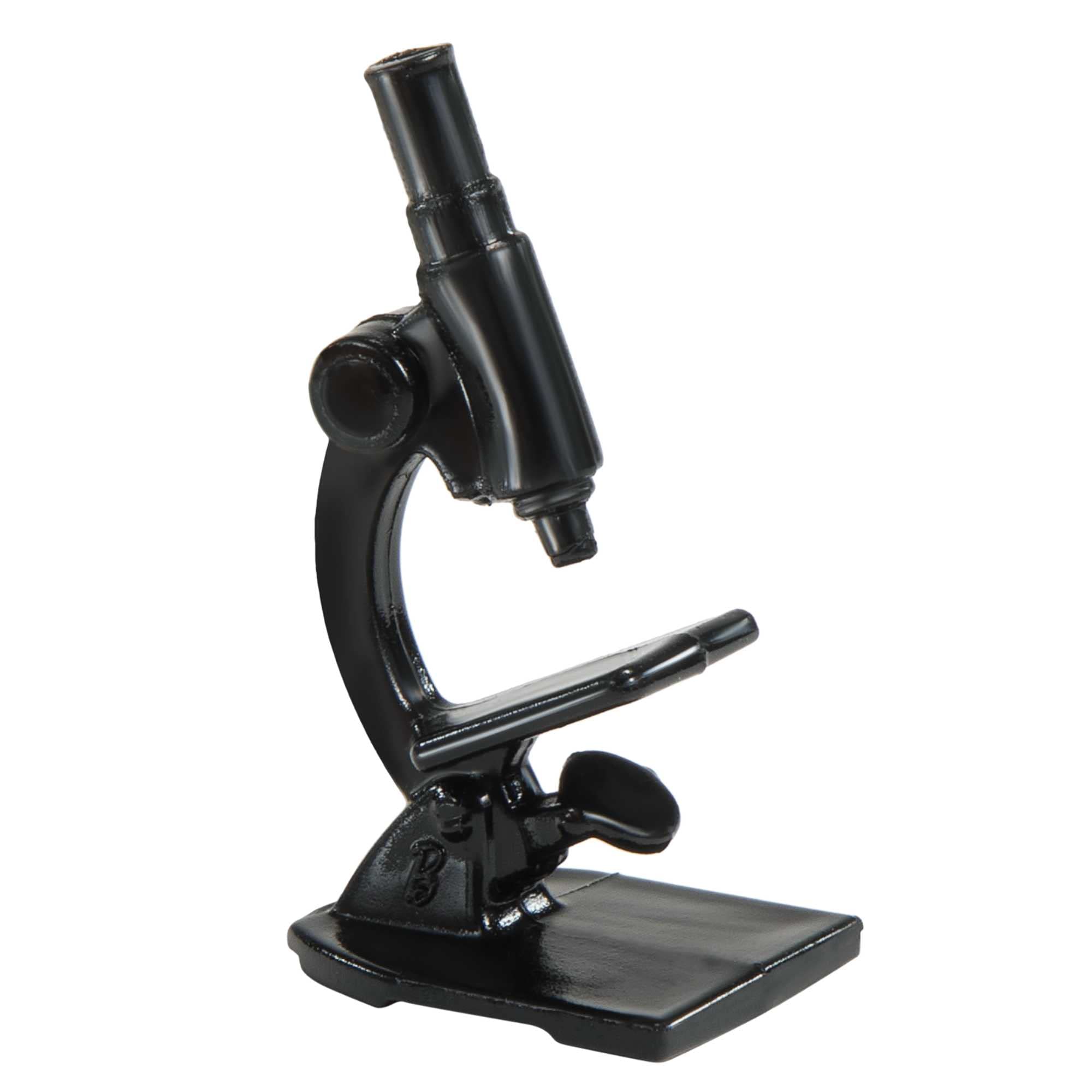 Barbie doll in flats uses a microscope for imaginative research play.