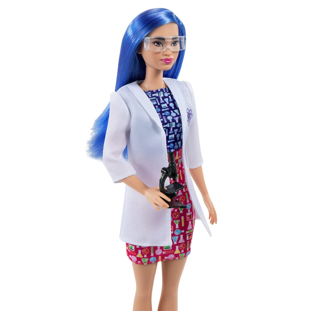 Barbie scientist doll with color-block dress and lab coat ready for experiments.