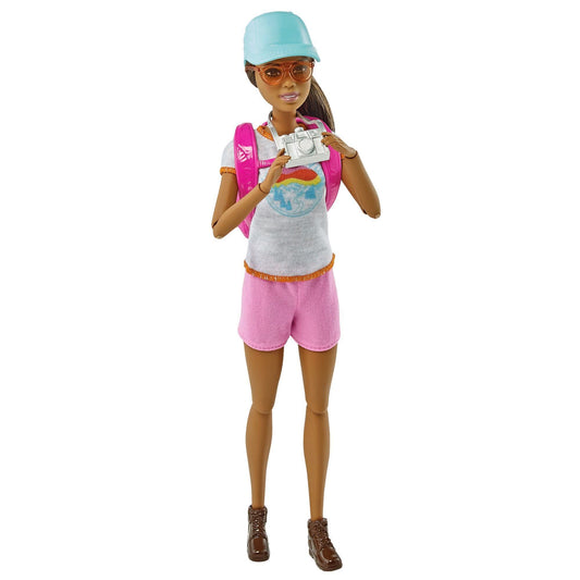 Barbie self-care doll with pink backpack and puppy on outdoor adventure.