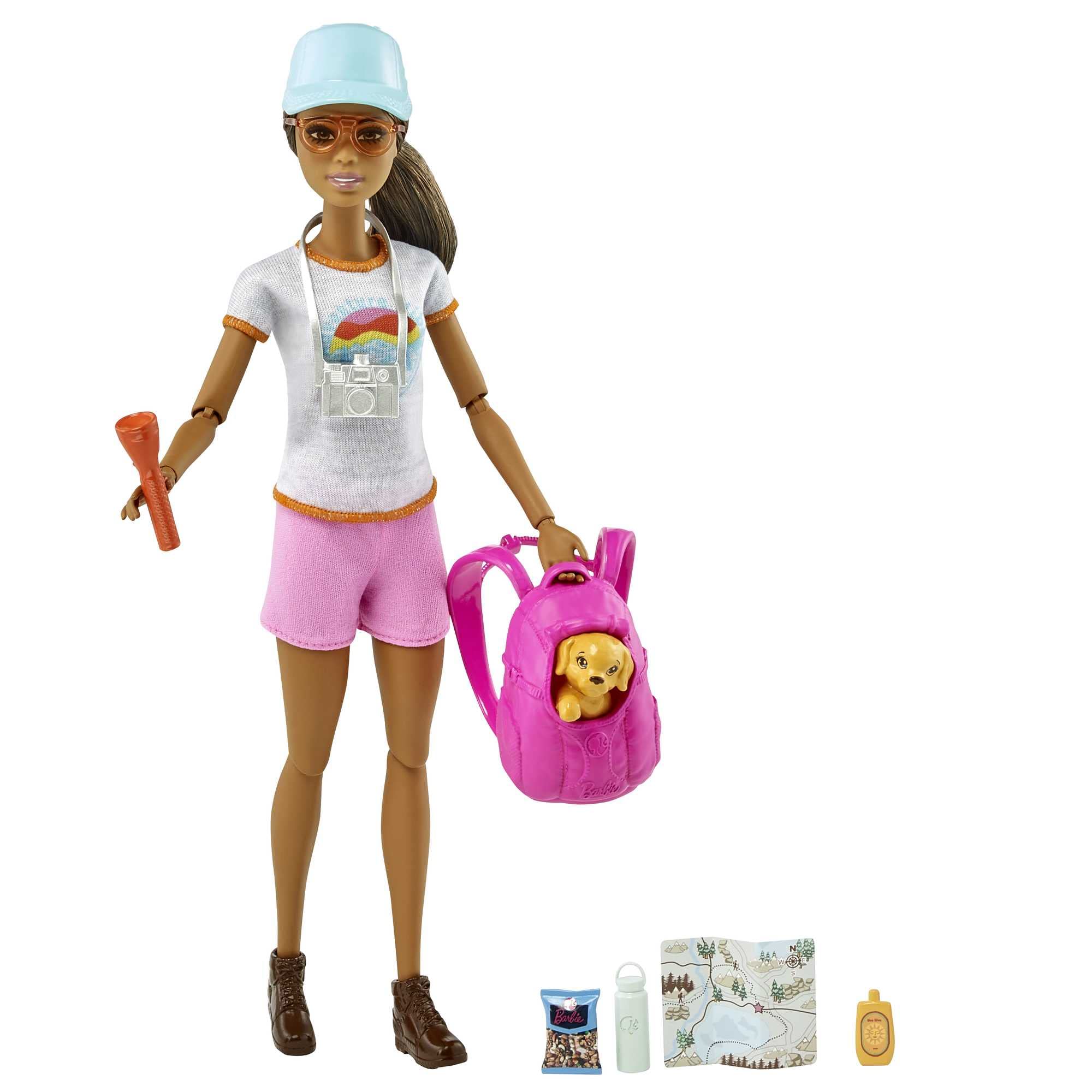 Barbie self-care hiking doll with puppy for imaginative outdoor play.