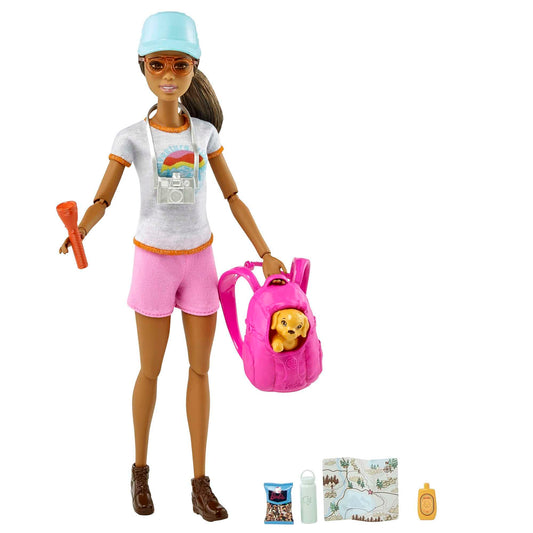 Barbie self-care hiking doll with puppy for imaginative outdoor play.
