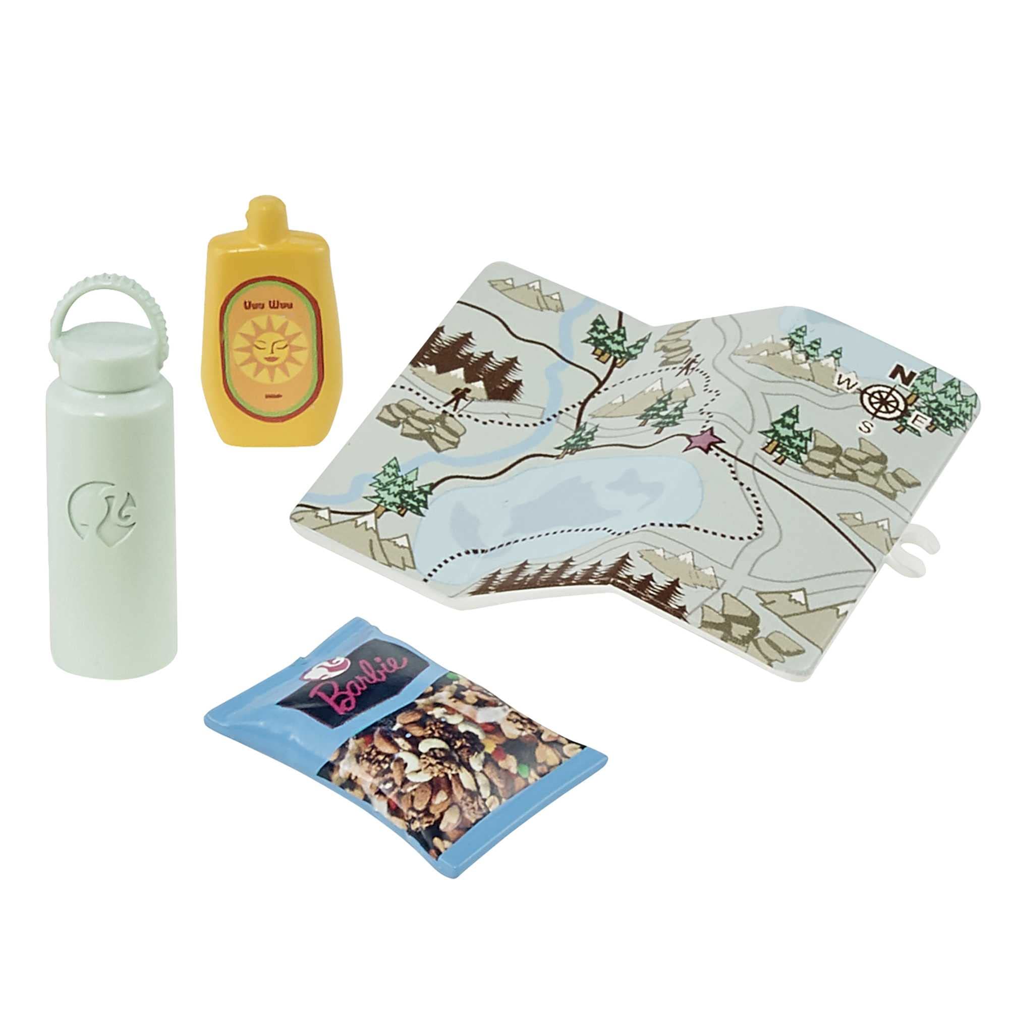 Barbie hiking set includes suntan lotion and snack for outdoor moments.