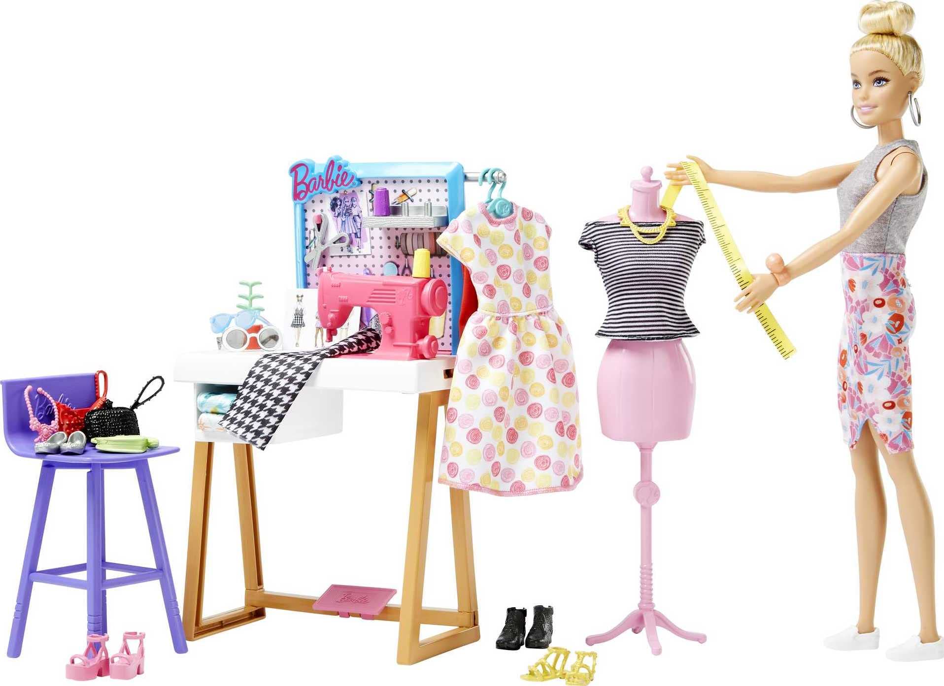 Barbie Sewing Machine included for pretend sewing and pattern adjustments.