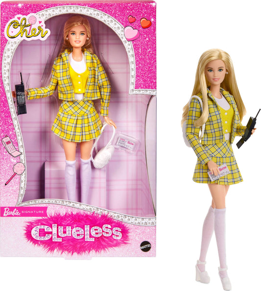 Barbie Signature Cher doll in yellow plaid suit, ideal for display and retro fashion collections.