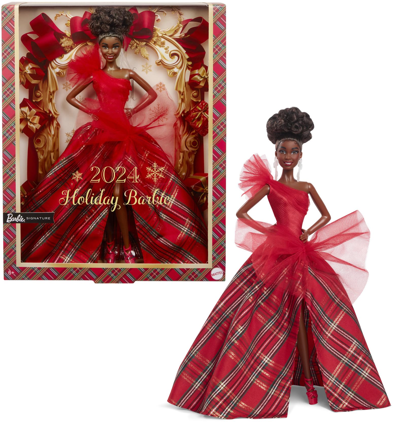 Barbie Signature Doll with brown hair and a one-shoulder red bodice for festive display.