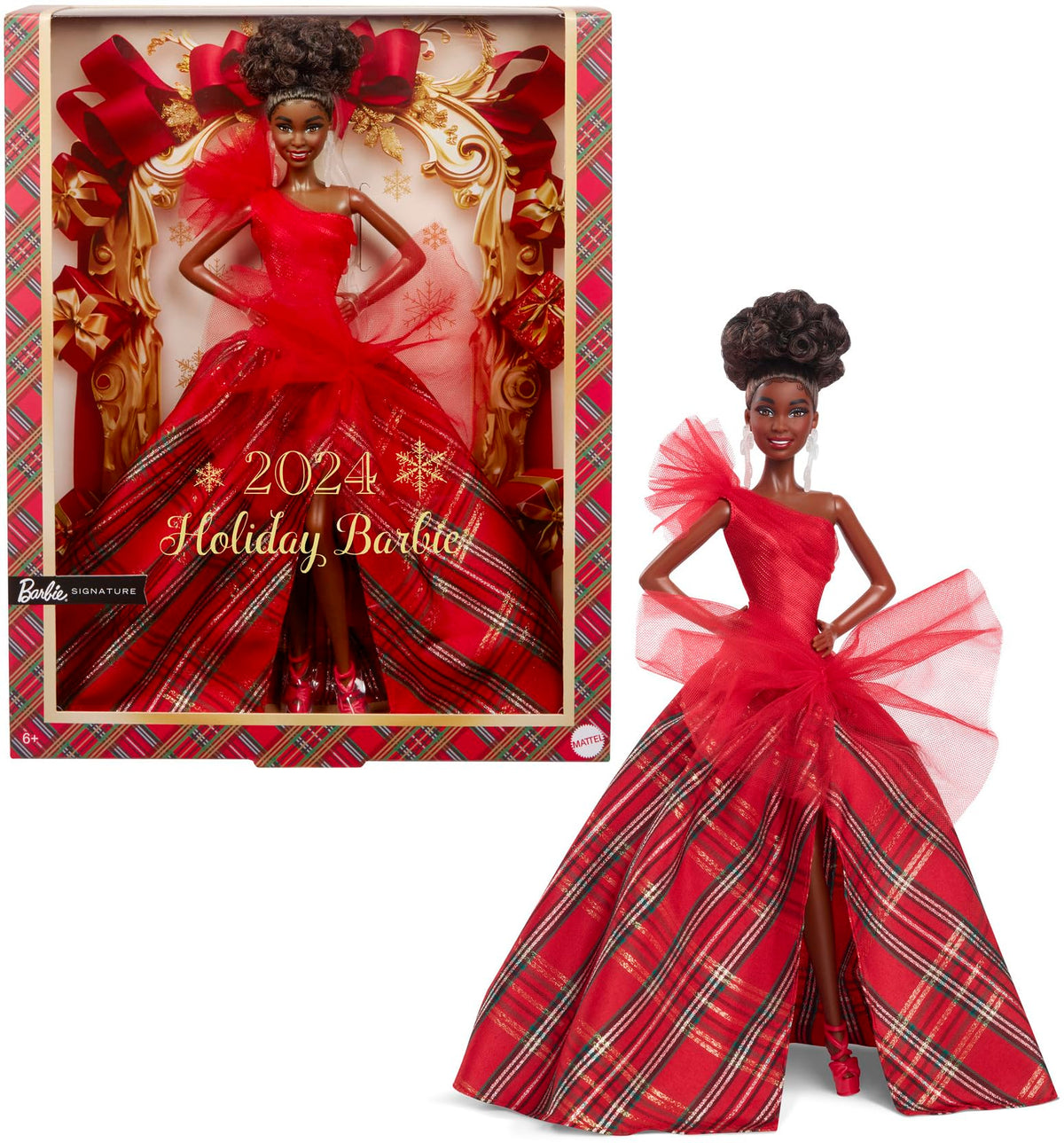 Barbie Signature Doll with brown hair and a one-shoulder red bodice for festive display.