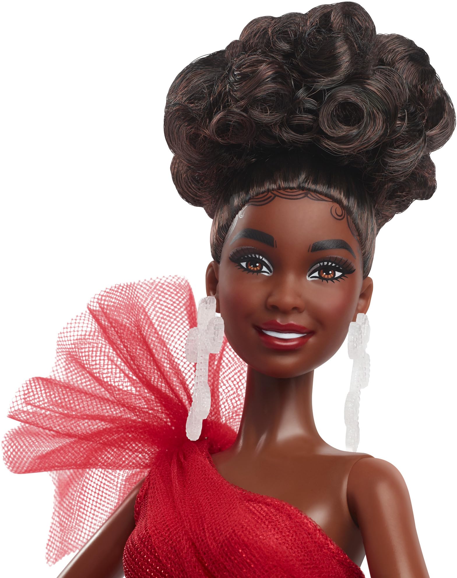 Barbie Signature Doll in plaid ballgown skirt adds seasonal collectibility on a shelf.