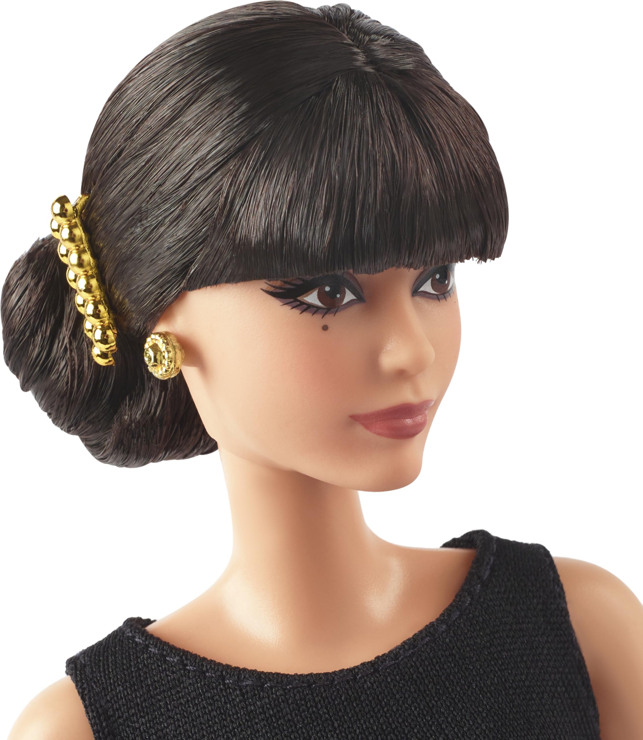 Barbie Rita Moreno gown detail highlighting the black and gold look.