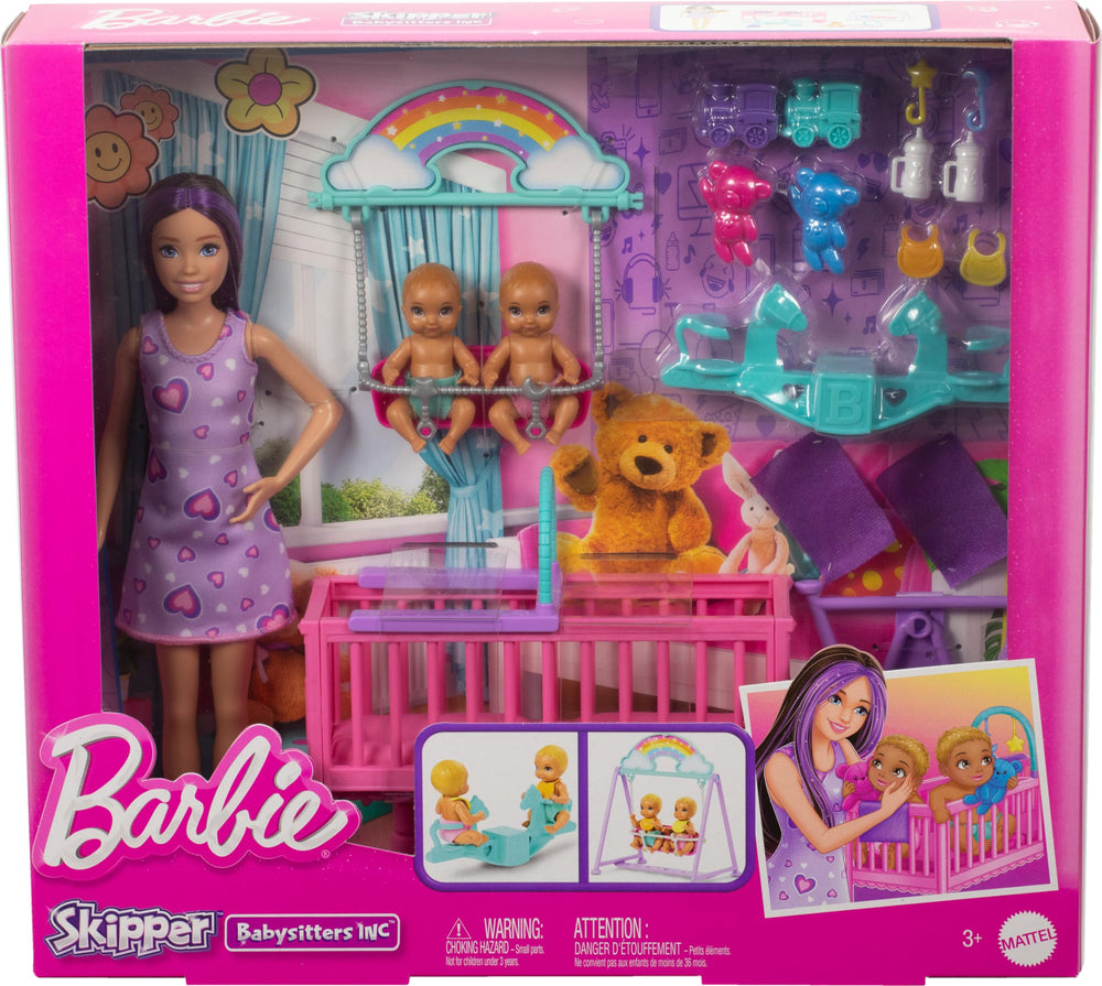 Barbie Skipper Twin Nursery Playset scene shows complete babysitting setup for imagination