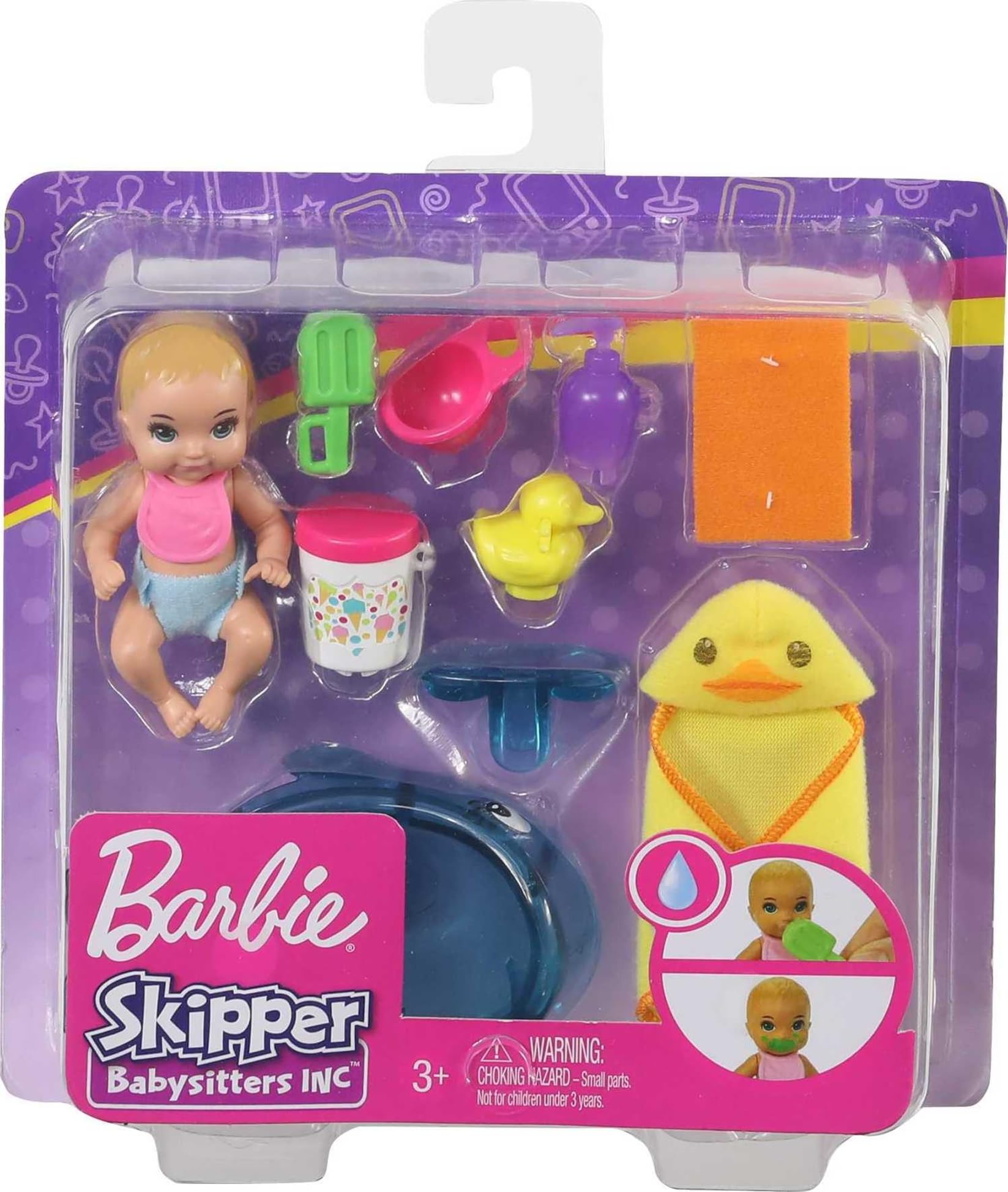Barbie Skippers Inc removable diaper and washcloth add realistic role-play details.