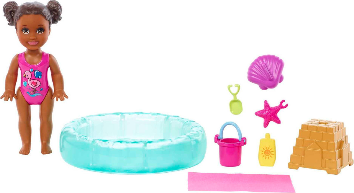 Barbie Skippers pool playset brunette doll ready for imaginative play.
