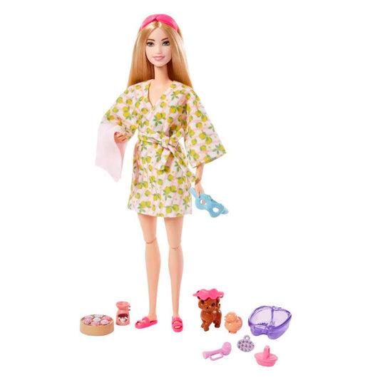 Barbie spa day doll set highlights self-care play and imagination.