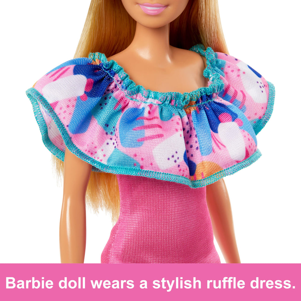 Barbie and Stacie wearing off-shoulder dresses for fashion play.