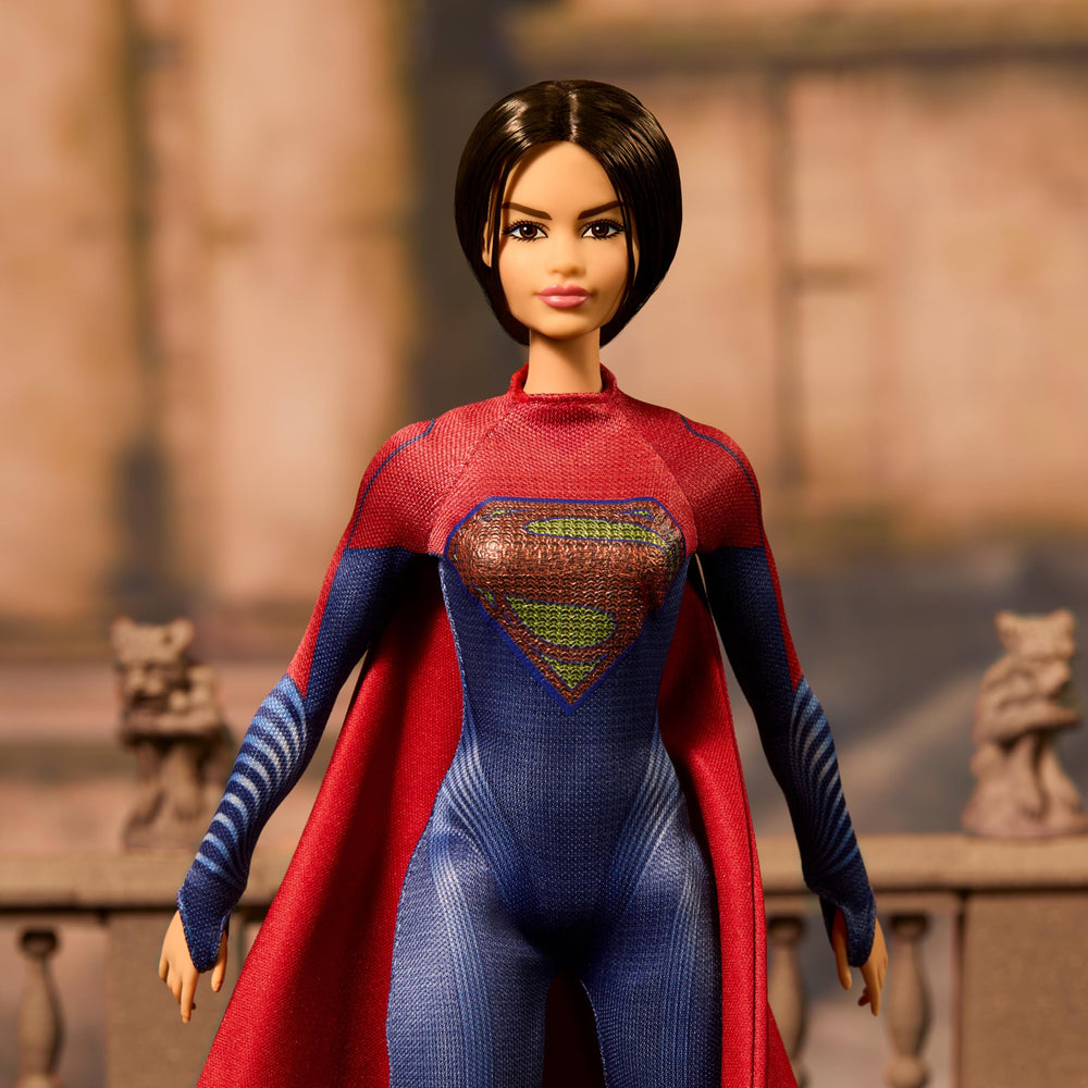 Barbie Supergirl with S-shield emblem enhances superhero-themed displays.