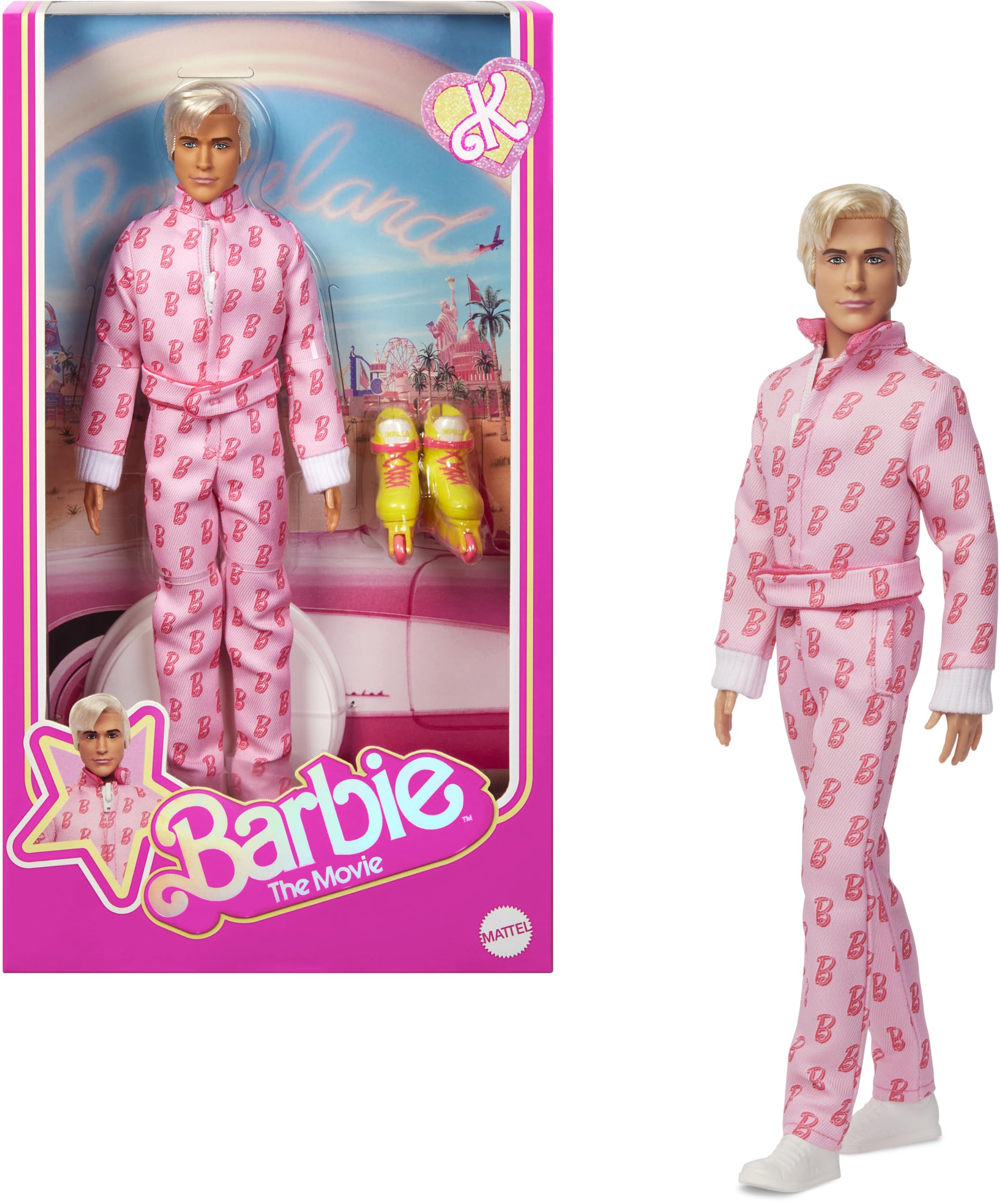 Barbie The Movie Ken collectible doll in pink jumpsuit for display and fan collection.