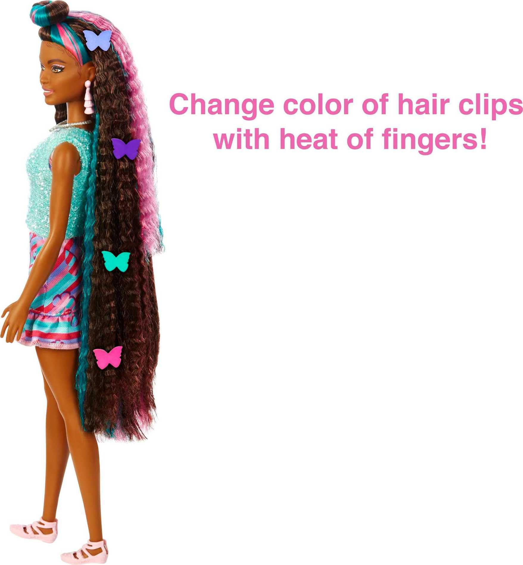 Barbie Totally Hair includes accessories like purse and sunglasses for complete outfits.