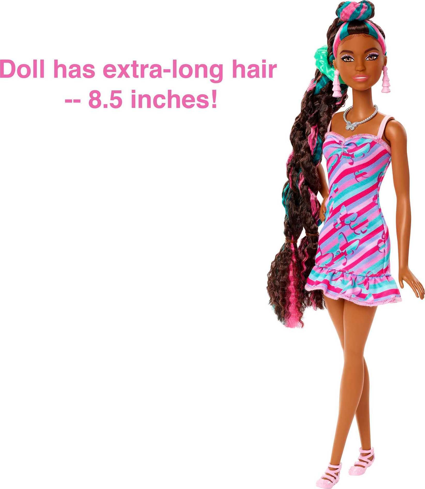 Barbie Totally Hair butterfly-print dress complements imaginative fashion storytelling.