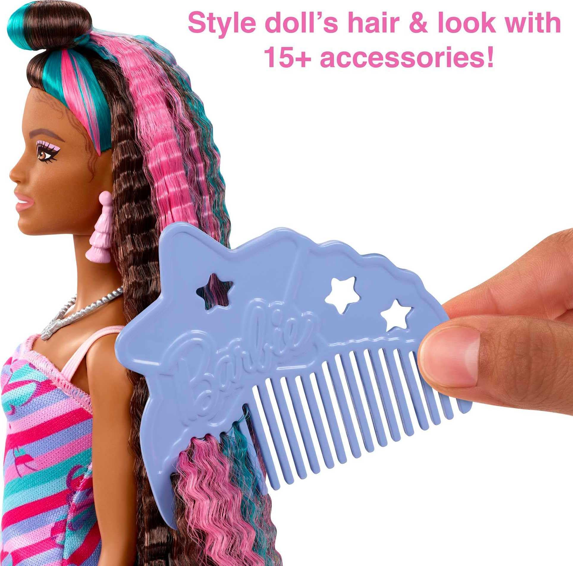 Barbie Totally Hair crimped hair with pink and cyan blue streaks for playful looks.