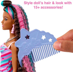 Barbie Totally Hair crimped hair with pink and cyan blue streaks for playful looks.