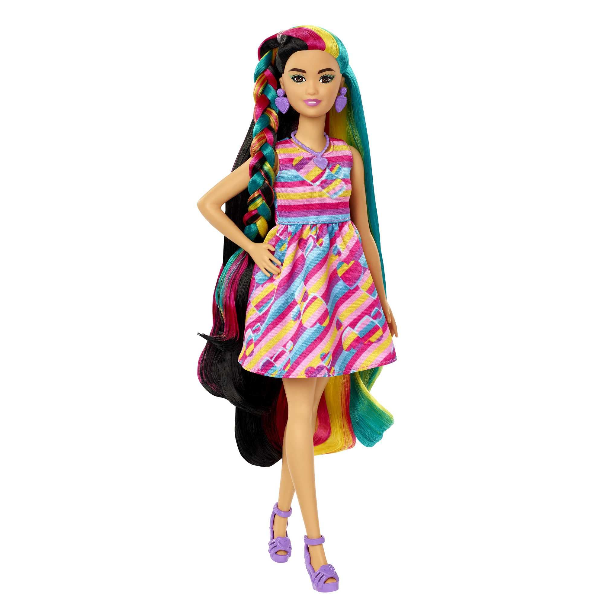 Barbie Totally Hair with half-black and fantasy pink-blue-yellow hair options.
