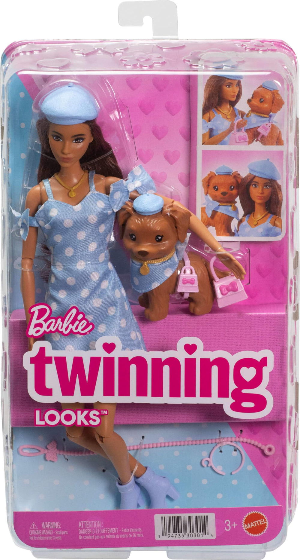 Barbie and puppy posed together in a twinning scene for imaginative play
