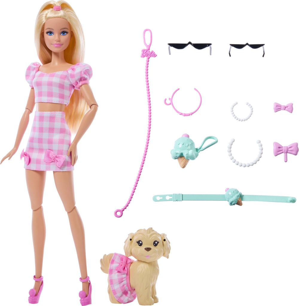 Sunglasses, necklaces, and bows complete coordinated Barbie-dog looks.