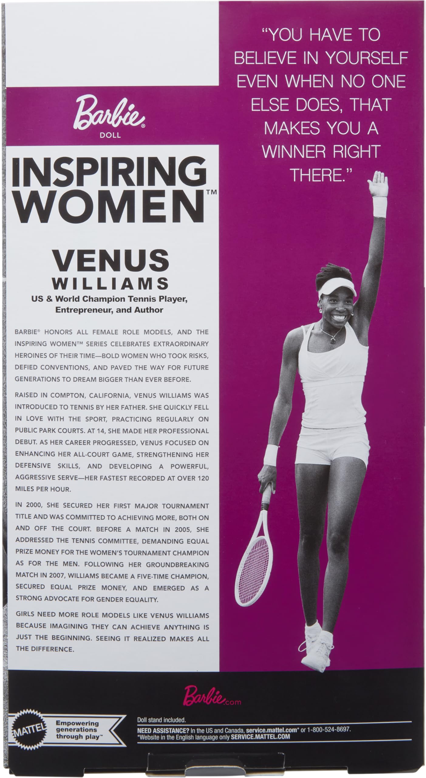 Barbie Venus Williams Inspiring Women packaging emphasizes display value on shelves.