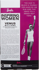 Barbie Venus Williams Inspiring Women packaging emphasizes display value on shelves.