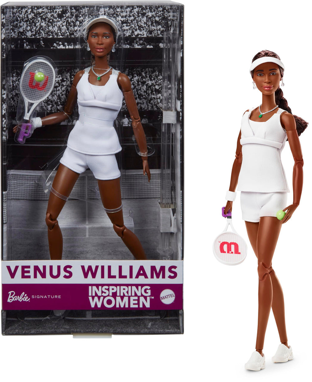 Barbie Venus Williams Inspiring Women doll on display packaging, ideal for gifting.