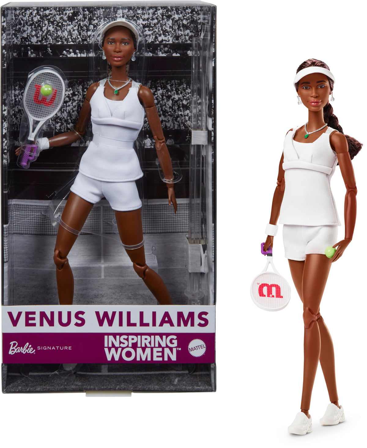 Barbie Venus Williams Inspiring Women doll on display packaging, ideal for gifting.