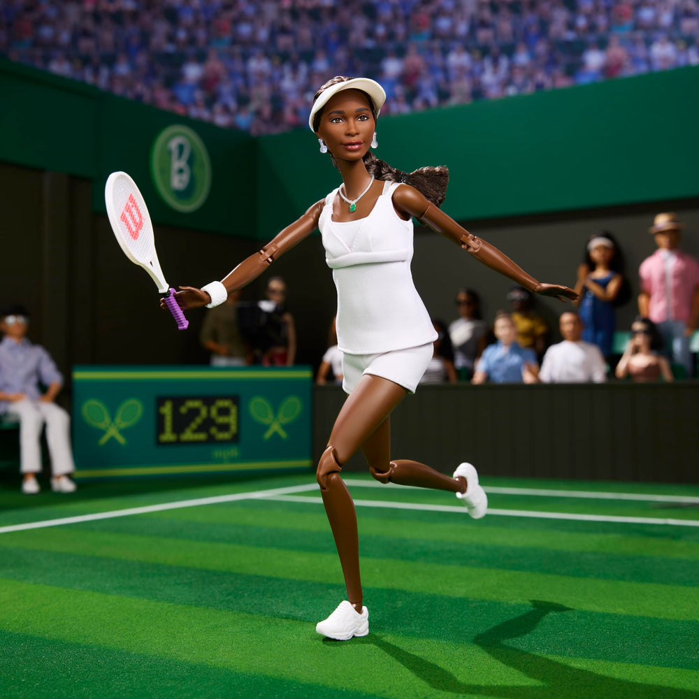 Barbie Venus Williams doll in tennis uniform showcases authentic styling for collections.