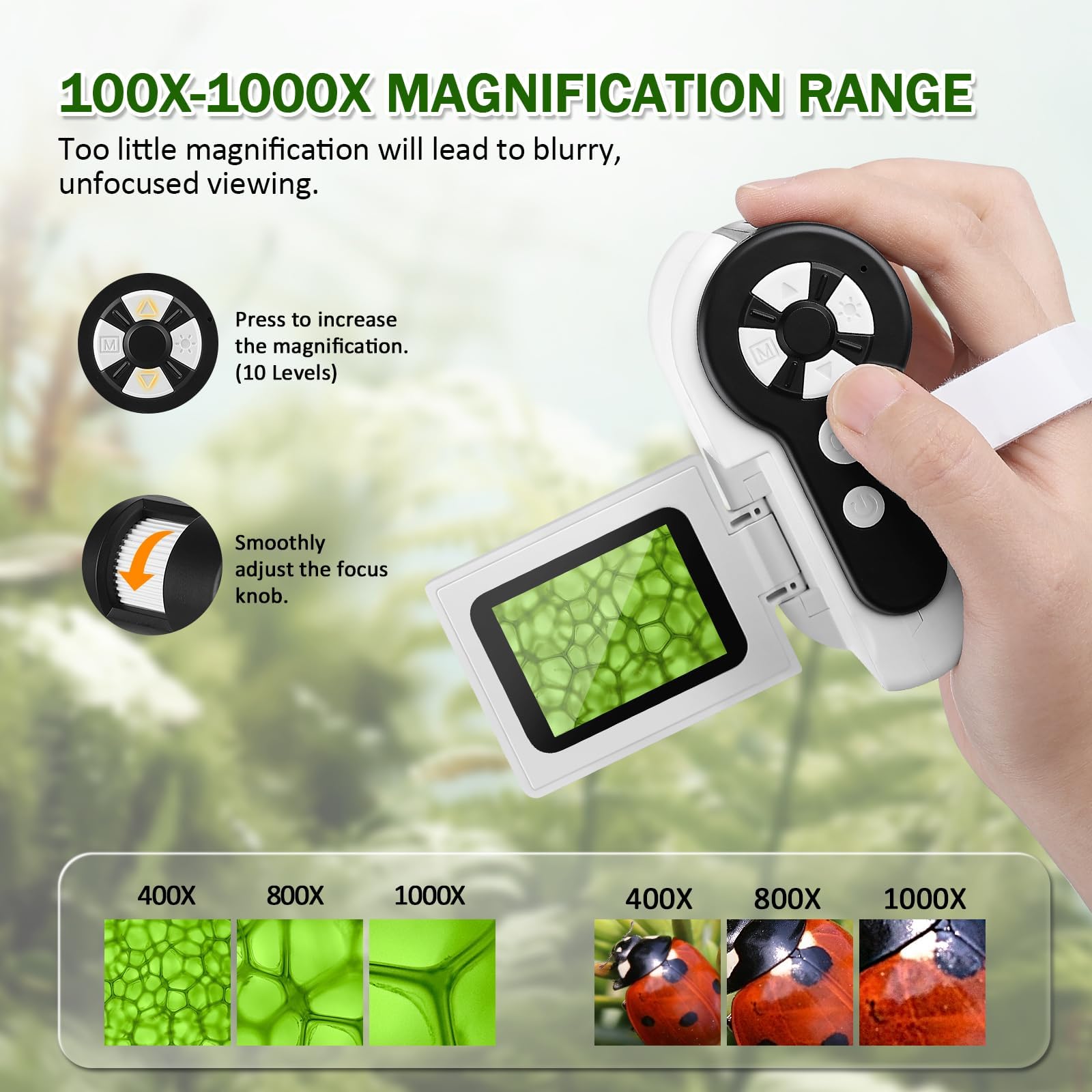 Barchrons 1000X handheld microscope with 4K 2-inch LCD screen for clear viewing.