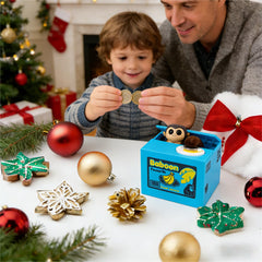 Barelove Monkey Piggy Bank coin on bamboo plate demonstrates interactive saving moment
