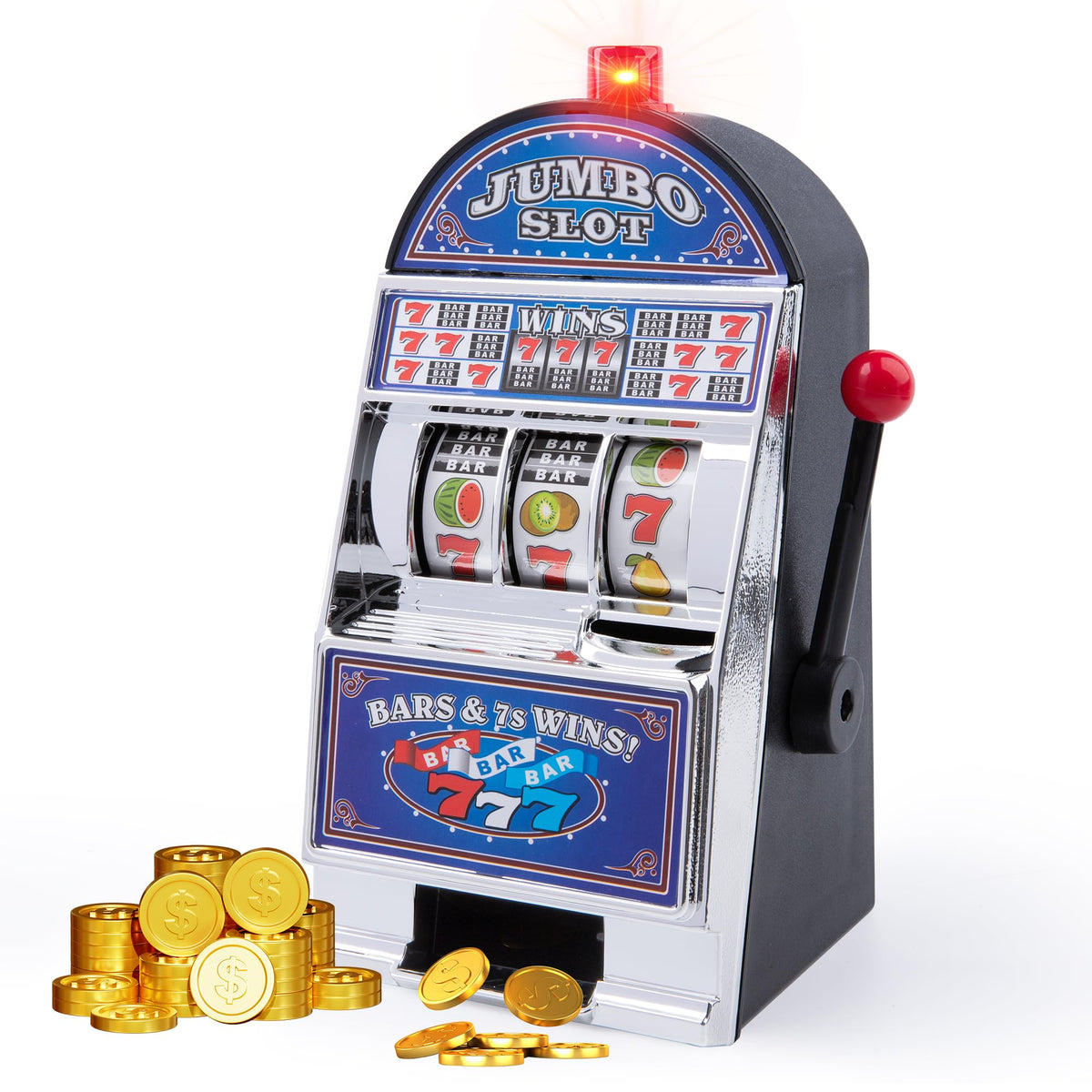 BARGIFTS blue slot machine money bank front view with spinning reels for playful saving
