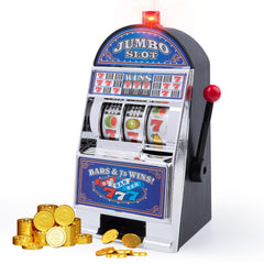 BARGIFTS blue slot machine money bank front view with spinning reels for playful saving
