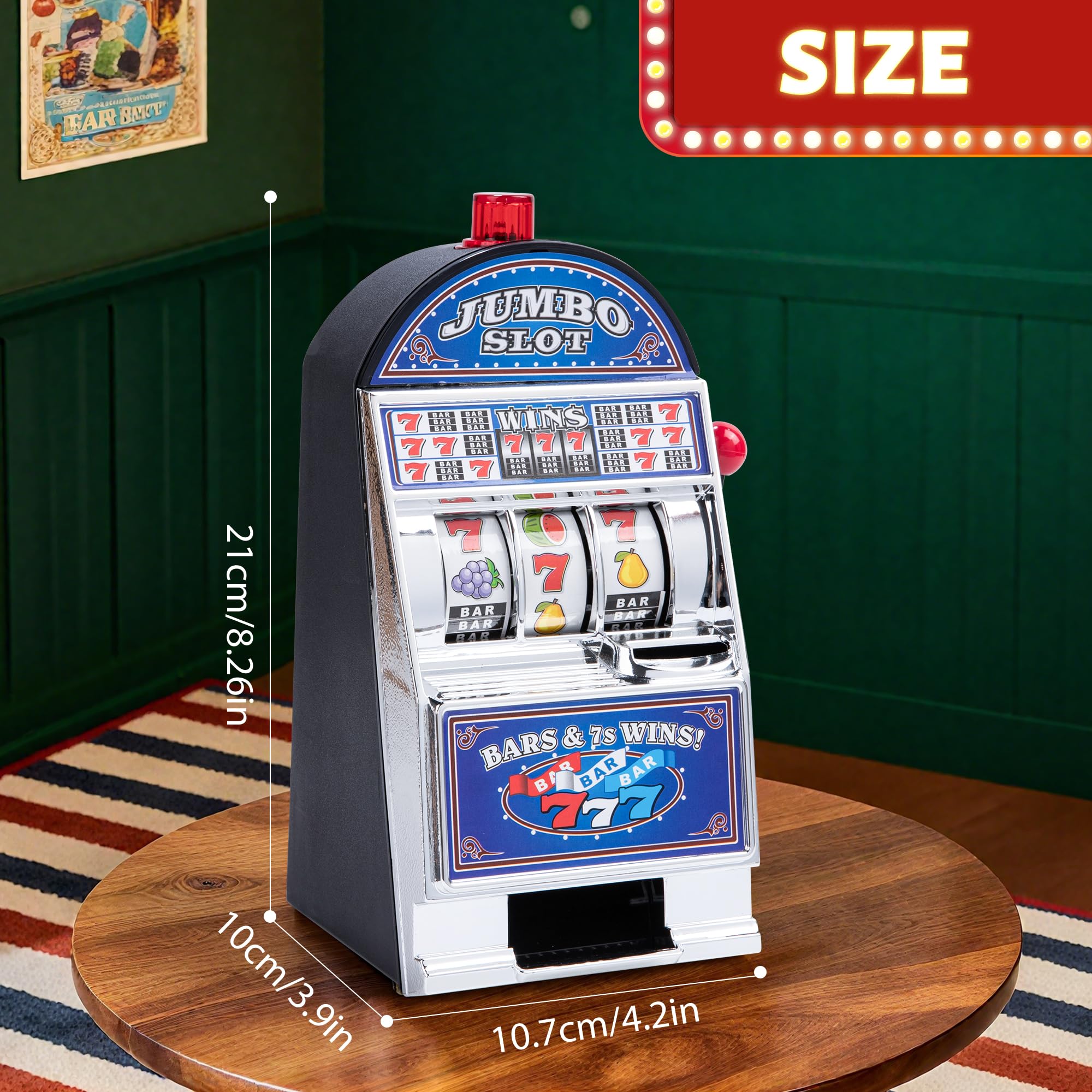 BARGIFTS blue slot machine money bank rear view highlighting compact desk-ready design