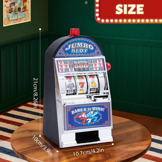 BARGIFTS blue slot machine money bank rear view highlighting compact desk-ready design