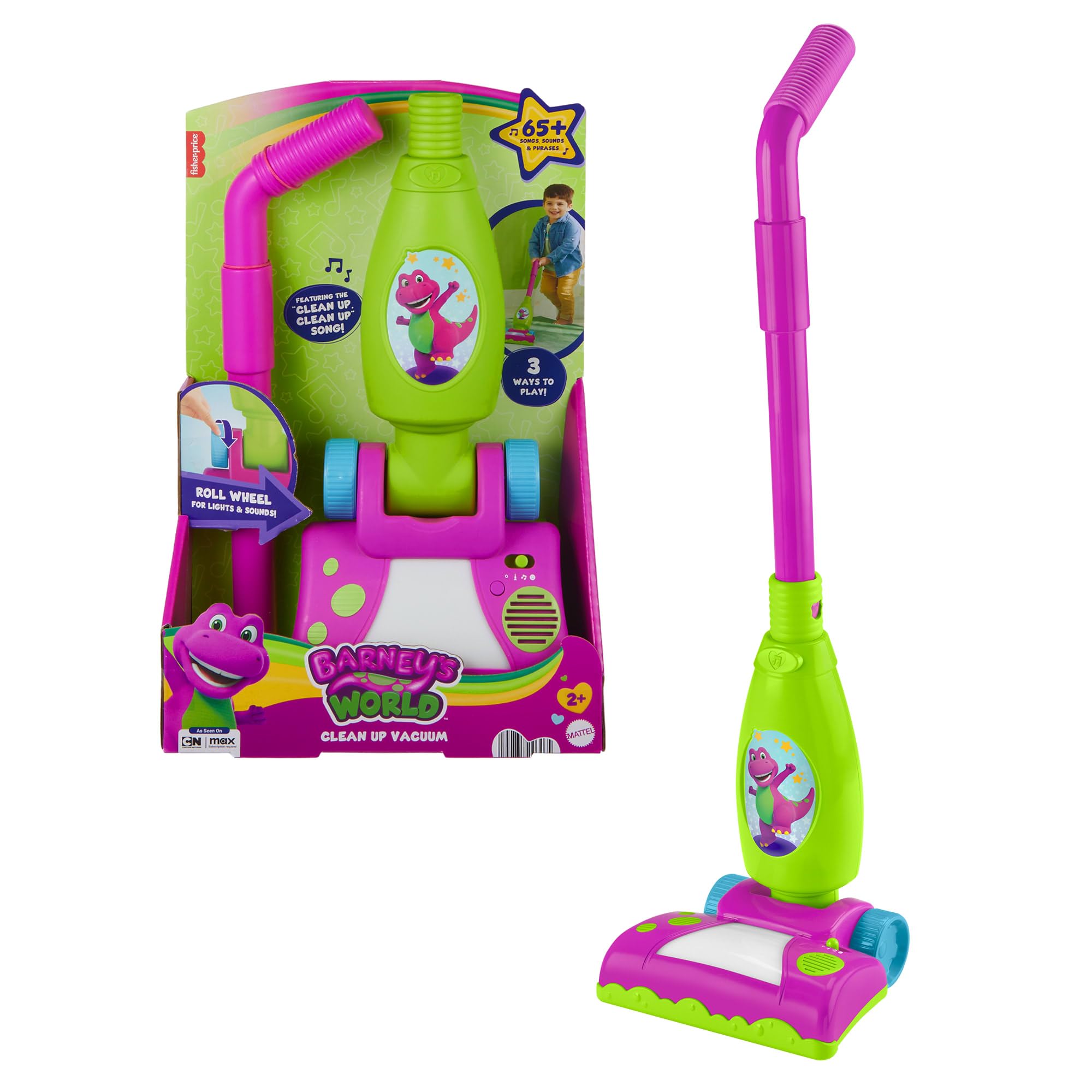 Barney’s World Clean Up Vacuum lights up as toddlers push along for engaging play.