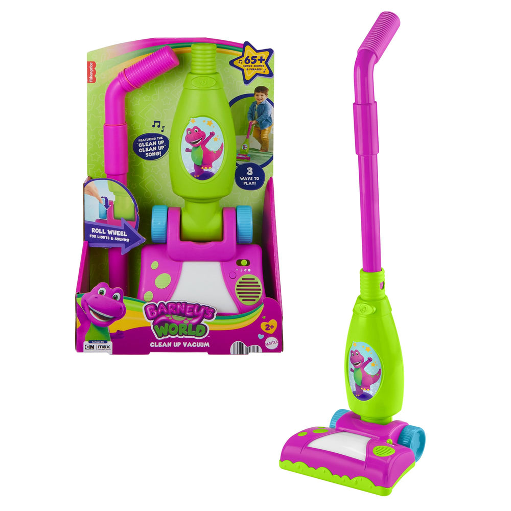 Barney’s World Clean Up Vacuum lights up as toddlers push along for engaging play.