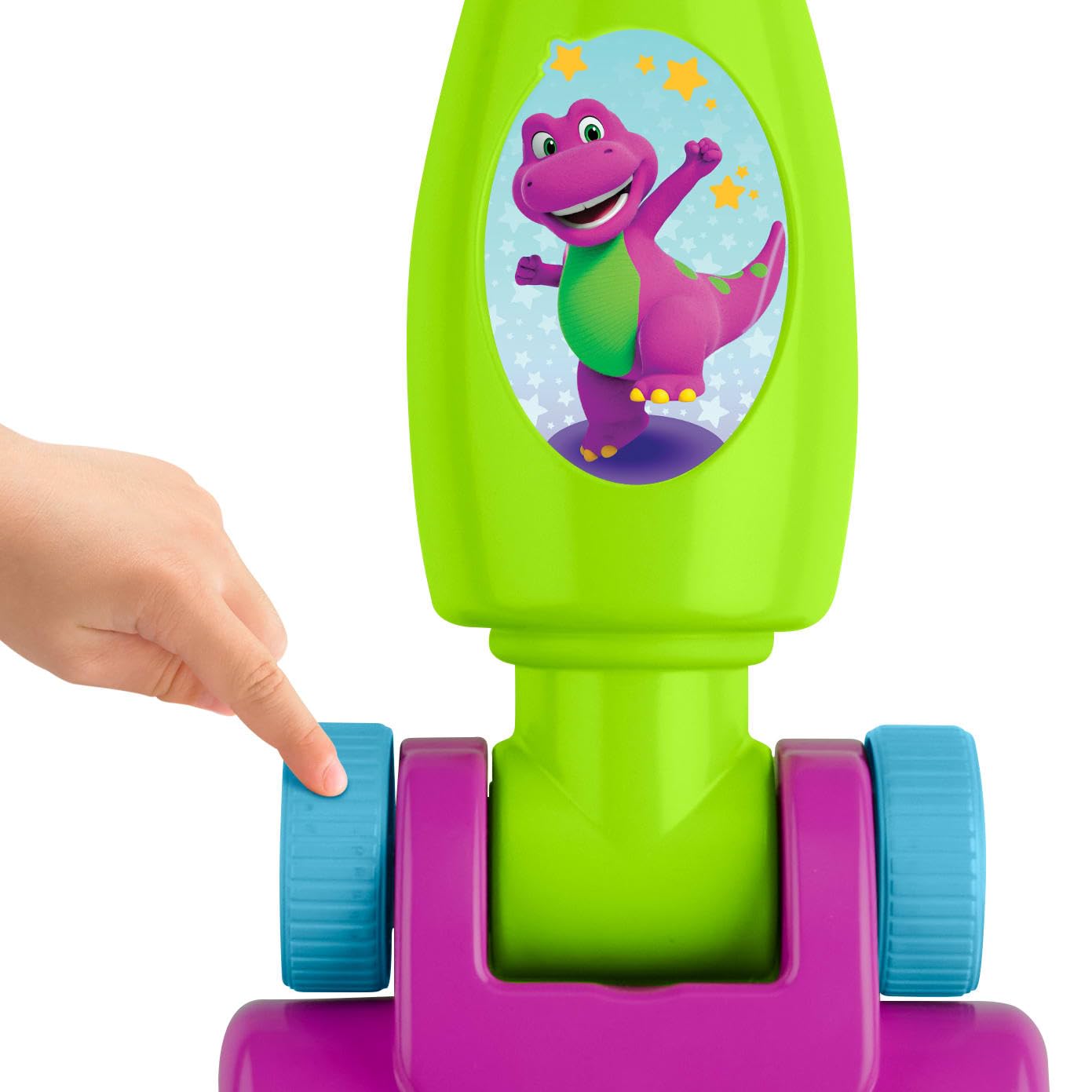 Barney’s World push-along vacuum rolls smoothly, encouraging active toddler movement.