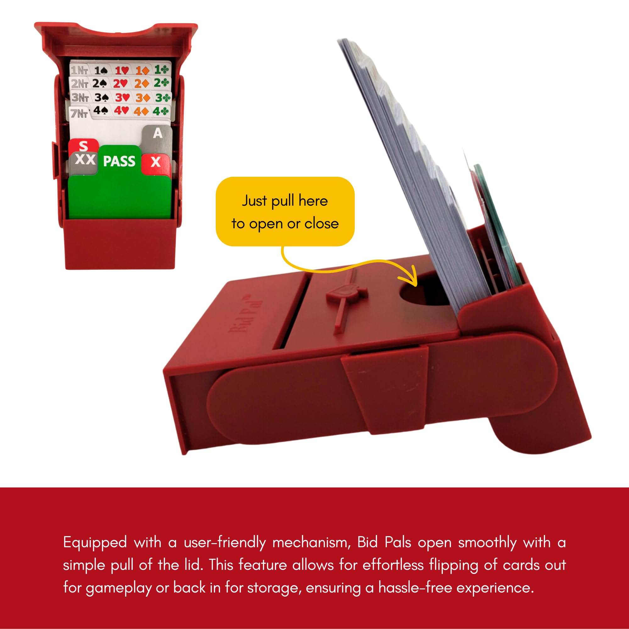 Baron Barclay Bid Pal bidding device, compact-stackable in dark red finish on a bridge table.