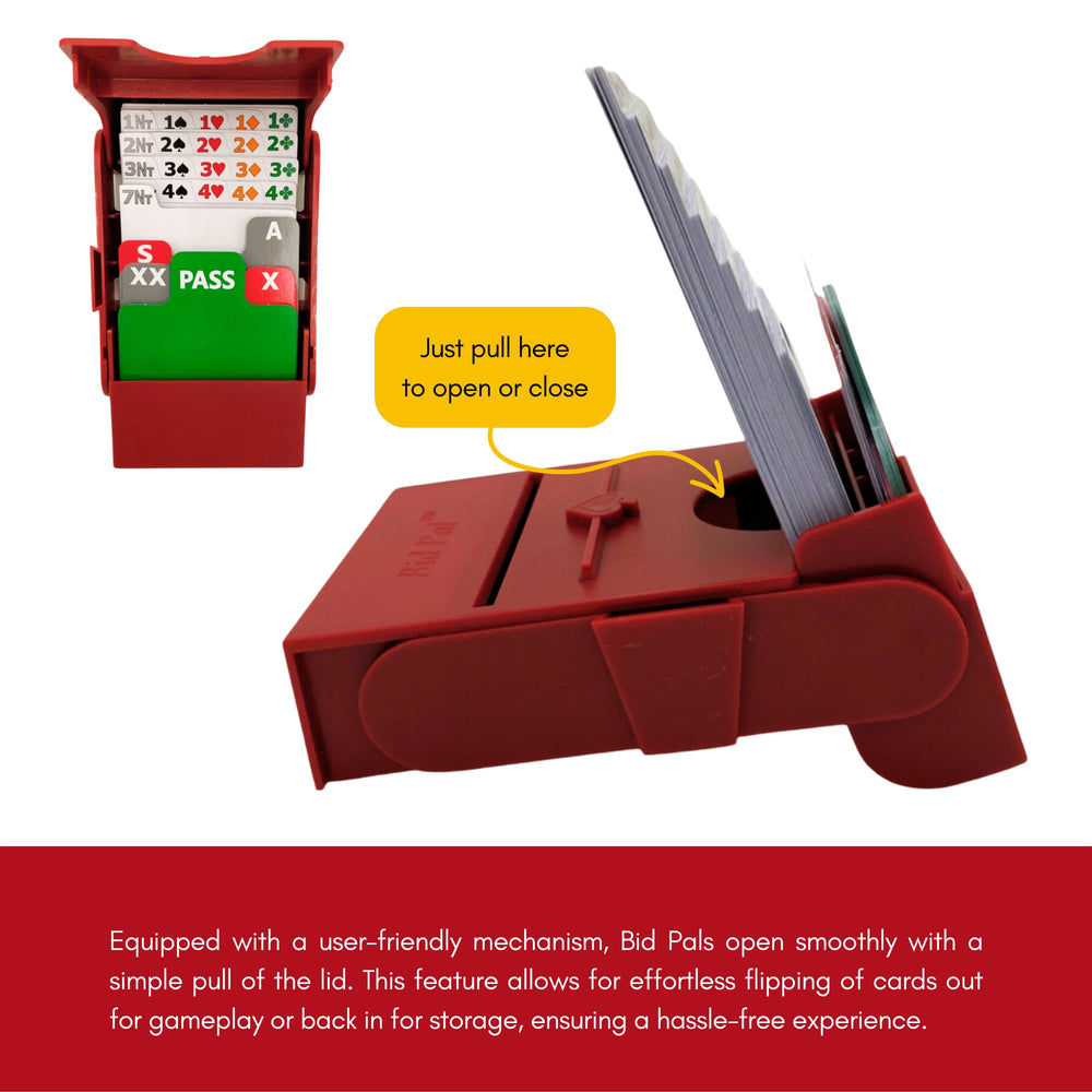 Baron Barclay Bid Pal bidding device, compact-stackable in dark red finish on a bridge table.